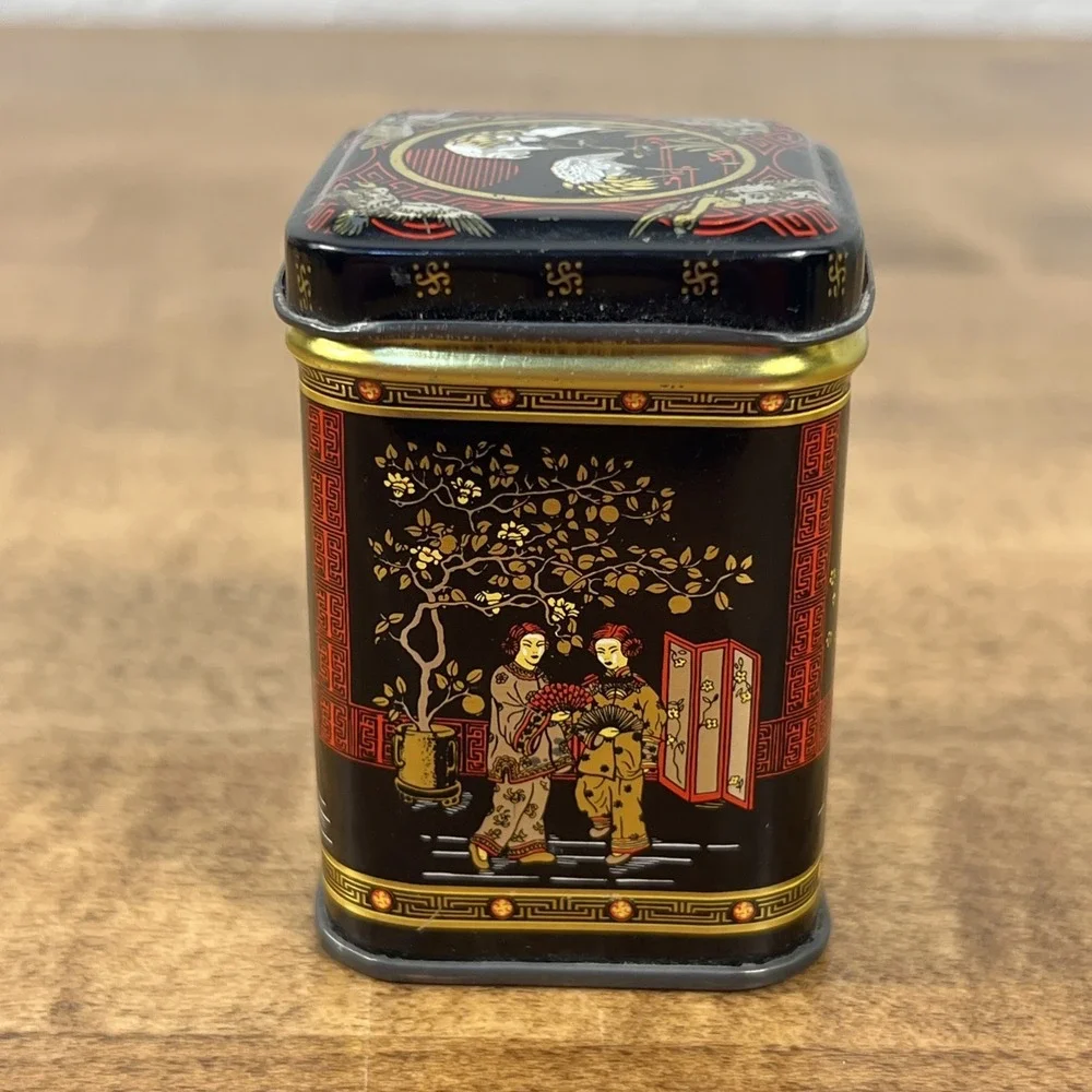 VTG Tin Box Storage Red Black Chinese Tea Herbs Medicine Spices Hong Kong 2.5